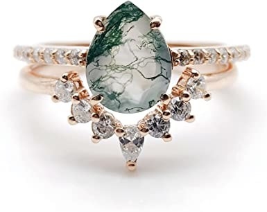 Moss Agate Emerald Ring Set, anillo de bodas de la promesa del regalo de la joyería del aniversario