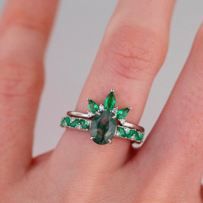 Moss Agate Emerald Ring Set, anillo de bodas de la promesa del regalo de la joyería del aniversario