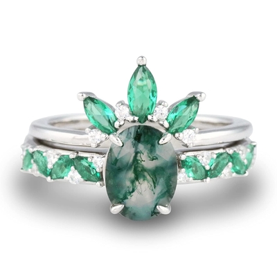 Moss Agate Emerald Ring Set, anillo de bodas de la promesa del regalo de la joyería del aniversario