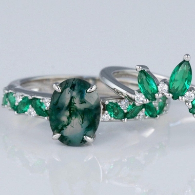 Moss Agate Emerald Ring Set, anillo de bodas de la promesa del regalo de la joyería del aniversario