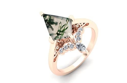 El hexágono cortó a Moss Agate Vintage Unique Moissanite natural Ring For Art Deco nupcial