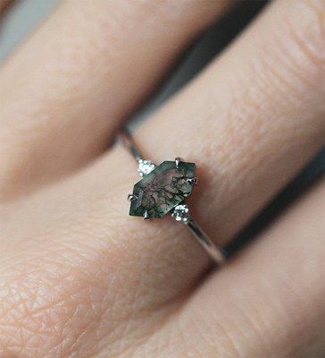 Moss Agate Ring auténtico verde, mujeres hermosas de la piedra preciosa suena