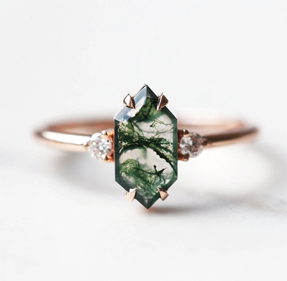 Moss Agate Ring auténtico verde, mujeres hermosas de la piedra preciosa suena