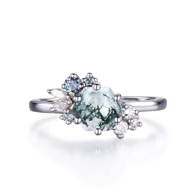 El hexágono cortó a Moss Agate Vintage Unique Moissanite natural Ring For Art Deco nupcial