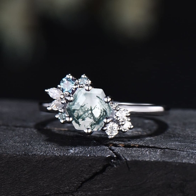El hexágono cortó a Moss Agate Vintage Unique Moissanite natural Ring For Art Deco nupcial