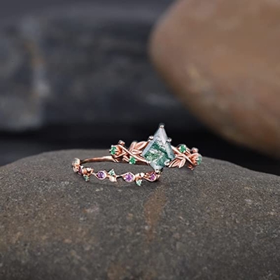 Hoja inspirada natural sólida Moss Agate Jewelry Cluster Emerald de Rose Gold 1.25ct acuático