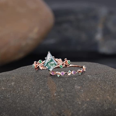 Hoja inspirada natural sólida Moss Agate Jewelry Cluster Emerald de Rose Gold 1.25ct acuático