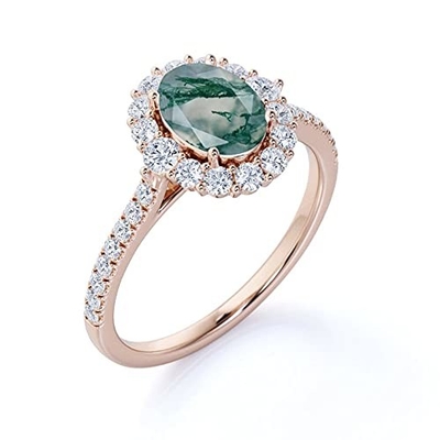 Compromiso oval Ring Green Gemstone del halo de Moss Agate Moissanite Diamonds Floral