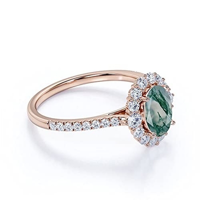 Compromiso oval Ring Green Gemstone del halo de Moss Agate Moissanite Diamonds Floral