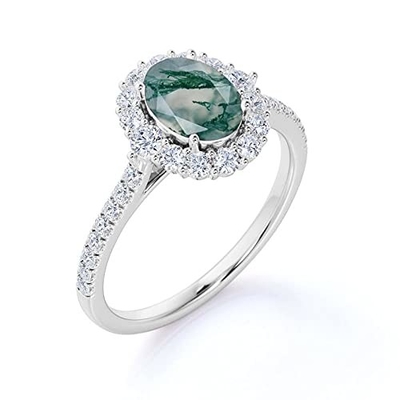 Compromiso oval Ring Green Gemstone del halo de Moss Agate Moissanite Diamonds Floral