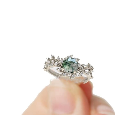 La hoja forma el anillo de compromiso nupcial de plata de Mossagate de la piedra de centro de 925 Sterling