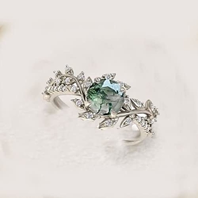 La hoja forma el anillo de compromiso nupcial de plata de Mossagate de la piedra de centro de 925 Sterling