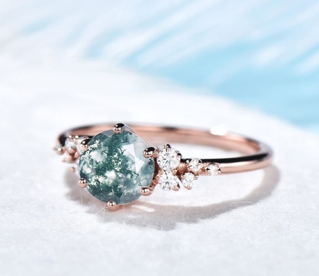 Boda verde Ring Natural Moss Agate del racimo de la nieve acumulada por la ventisca de la piedra preciosa del vintage