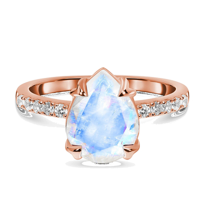 Anillo azul natural de Moonstone del hexágono de la joyería de 925 Sterling Silver Halo CZ