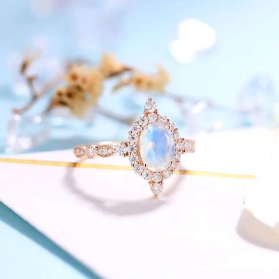 Más nueva Rose Gold Plating 925 anillos de compromiso azules de Sterling Silver Jewelry Oval Cut Moonstone