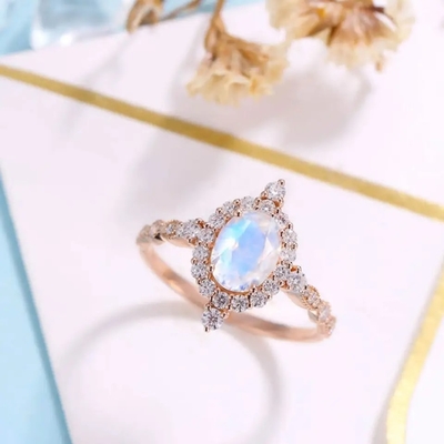 Más nueva Rose Gold Plating 925 anillos de compromiso azules de Sterling Silver Jewelry Oval Cut Moonstone