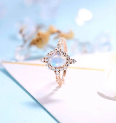 Más nueva Rose Gold Plating 925 anillos de compromiso azules de Sterling Silver Jewelry Oval Cut Moonstone