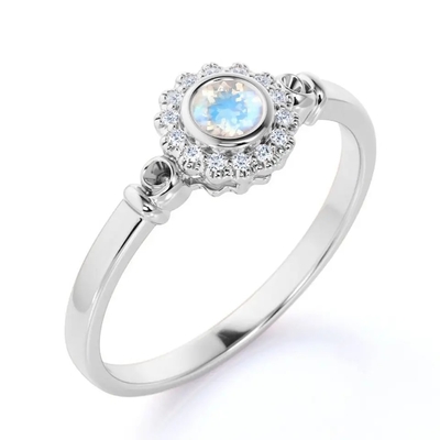 Oro de 925 Sterling Silver Rose halo Ring Rainbow Moonstone Ring de la flor de 1 quilate
