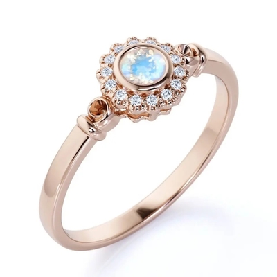 Oro de 925 Sterling Silver Rose halo Ring Rainbow Moonstone Ring de la flor de 1 quilate