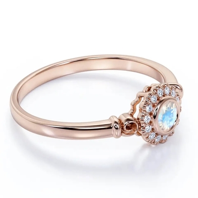 Oro de 925 Sterling Silver Rose halo Ring Rainbow Moonstone Ring de la flor de 1 quilate