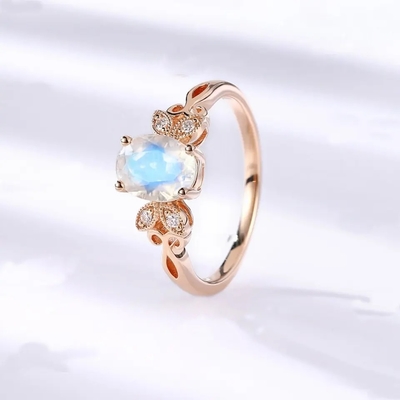 Oro de 925 Sterling Silver Rose halo Ring Rainbow Moonstone Ring de la flor de 1 quilate