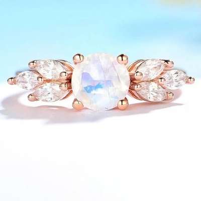Oro de 925 Sterling Silver Rose halo Ring Rainbow Moonstone Ring de la flor de 1 quilate