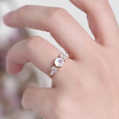 Oro de 925 Sterling Silver Rose halo Ring Rainbow Moonstone Ring de la flor de 1 quilate