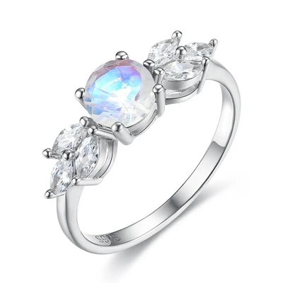 Oro de 925 Sterling Silver Rose halo Ring Rainbow Moonstone Ring de la flor de 1 quilate