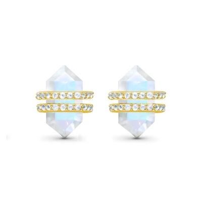 El hexágono de 925 Sterling Silver Natural Stone Jewelry cortó los pendientes azules del perno prisionero de Moonstone del arco iris