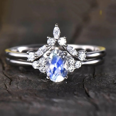 Anillo azul tallado natural de Moonstone de 925 de Sterling Silver CZ anillos delicados de la joyería