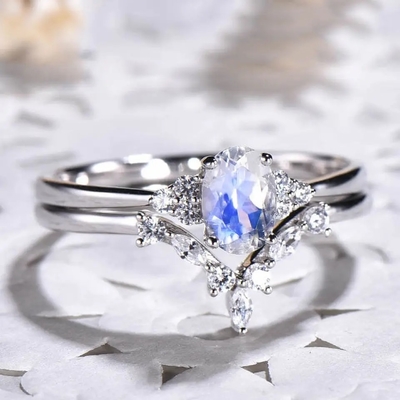 Boda azul Ring Set de Moonstone del arco iris de 925 Sterling Silver Natural Stone Jewelry