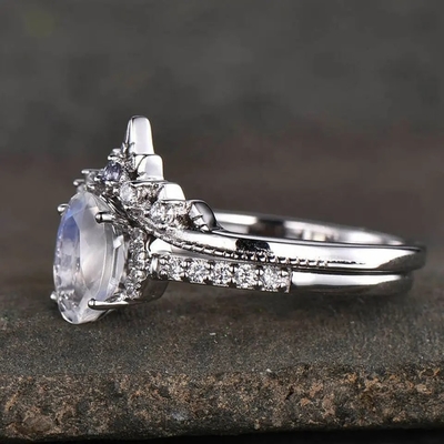 Boda azul Ring Set de Moonstone del arco iris de 925 Sterling Silver Natural Stone Jewelry