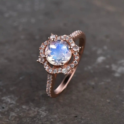 Anillo tallado joyería natural al por mayor de Moonstone del arco iris de la piedra de 925 Sterling Silver CZ