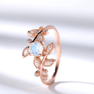 Anillo de compromiso de Moonstone de la joyería de Rose Gold Hexagon Shaped Wedding