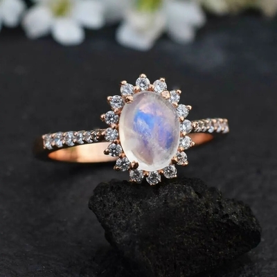 Anillo de compromiso de Moonstone de la joyería de Rose Gold Hexagon Shaped Wedding
