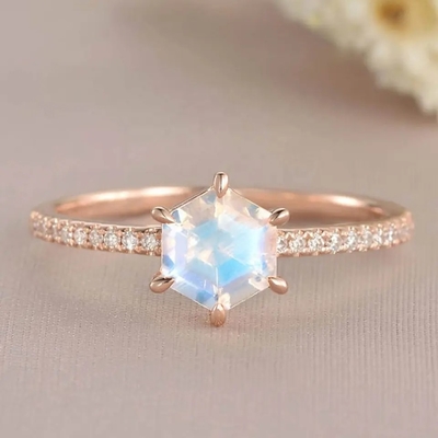 Anillo de compromiso de Moonstone de la joyería de Rose Gold Hexagon Shaped Wedding