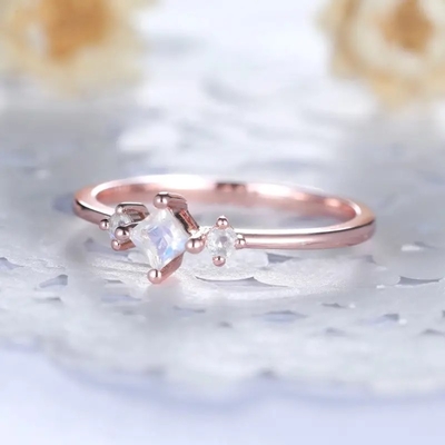 Anillo de moda para el anillo plateado oro de princesa Cut Dainty Engagement de Sterling Silver Moonstone Ring Rose de las mujeres 925