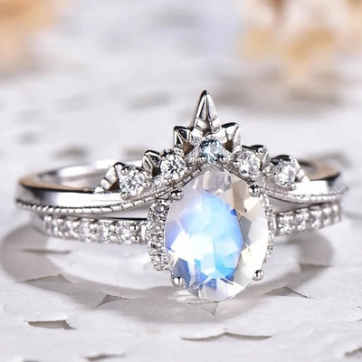 El oro blanco Moonstone oval Art Deco Unique Engagement Ring fijó 925 Sterling Silver