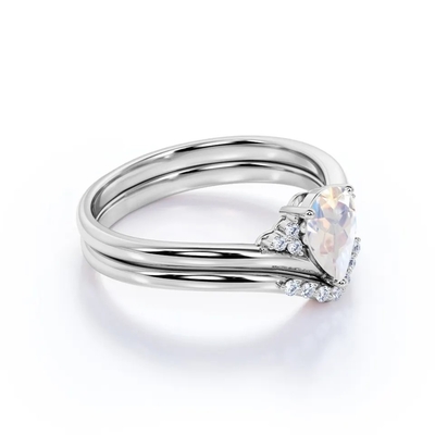 La pera natural del oro S925 forma el arco iris Moonstone Ring Boho Wedding Set de la CZ