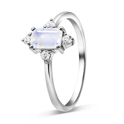 Anillos plateados Sterling Silver de Emerald Cut Blue Moonstone Engagement del oro blanco