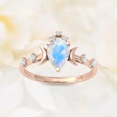 Corte auténtico de la pera de Moonstone de las piedras preciosas 925 del aniversario de los anillos de plata naturales de la joyería
