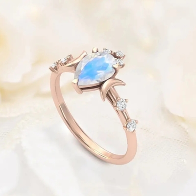 Corte auténtico de la pera de Moonstone de las piedras preciosas 925 del aniversario de los anillos de plata naturales de la joyería