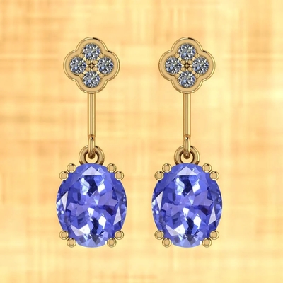 7,82 CTW Tanzanite natural y oro amarillo del sólido de los pendientes 14K de la CZ