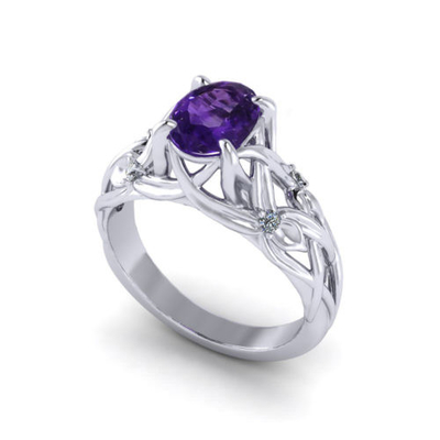 Oro blanco floral de Ring In 14k de la amatista, amatista de 6x8m m, diamante .06cttw