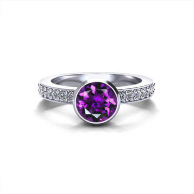 Oro blanco floral de Ring In 14k de la amatista, amatista de 6x8m m, diamante .06cttw