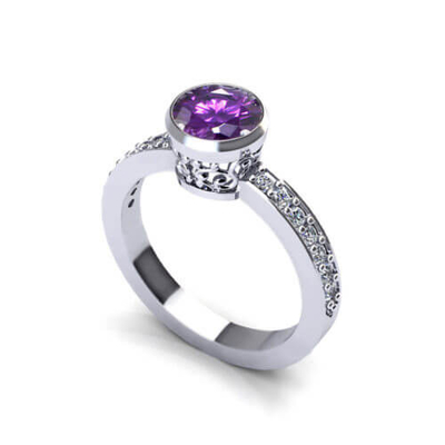 Oro blanco floral de Ring In 14k de la amatista, amatista de 6x8m m, diamante .06cttw