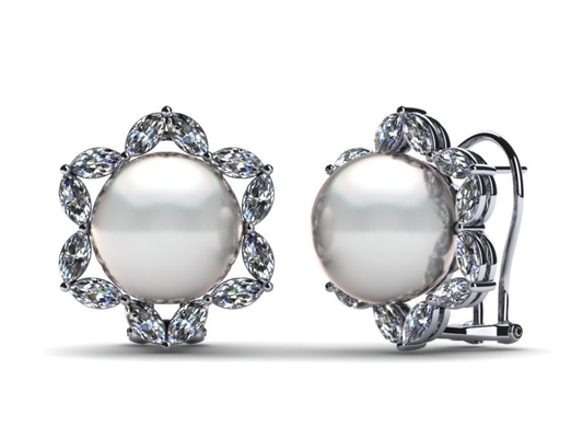 joyería y perla cultivada de agua dulce blanca Marquise Earring del oro blanco 14K