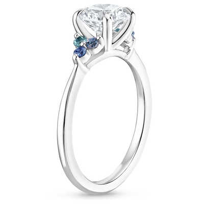 Sapphire Capella Three Stone Lab creada laboratorio CZ Ring Set con zafiro creado laboratorio oval azul de 9x7m m