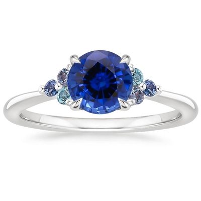 Sapphire Capella Three Stone Lab creada laboratorio CZ Ring Set con zafiro creado laboratorio oval azul de 9x7m m