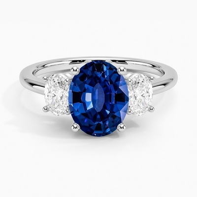 Sapphire Capella Three Stone Lab creada laboratorio CZ Ring Set con zafiro creado laboratorio oval azul de 9x7m m